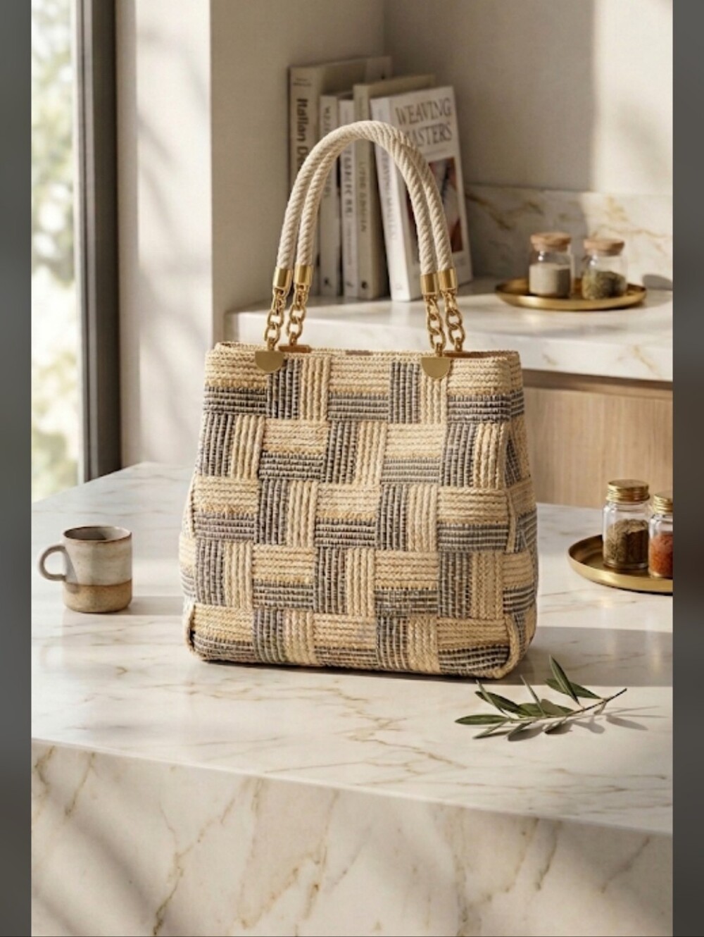 Vintage Style  Made In Italy Woven Bag with Gold Accents - New Without Tags